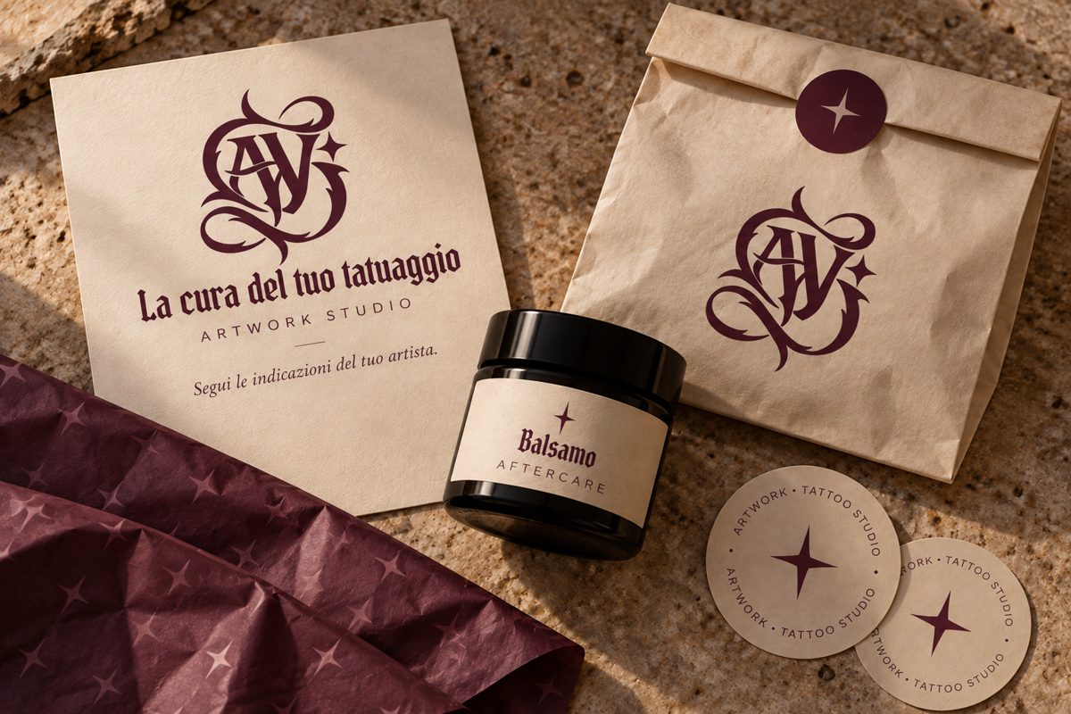 Card La cura del tuo tatuaggio, balsamo aftercare e sacchetto in carta con sigillo stella