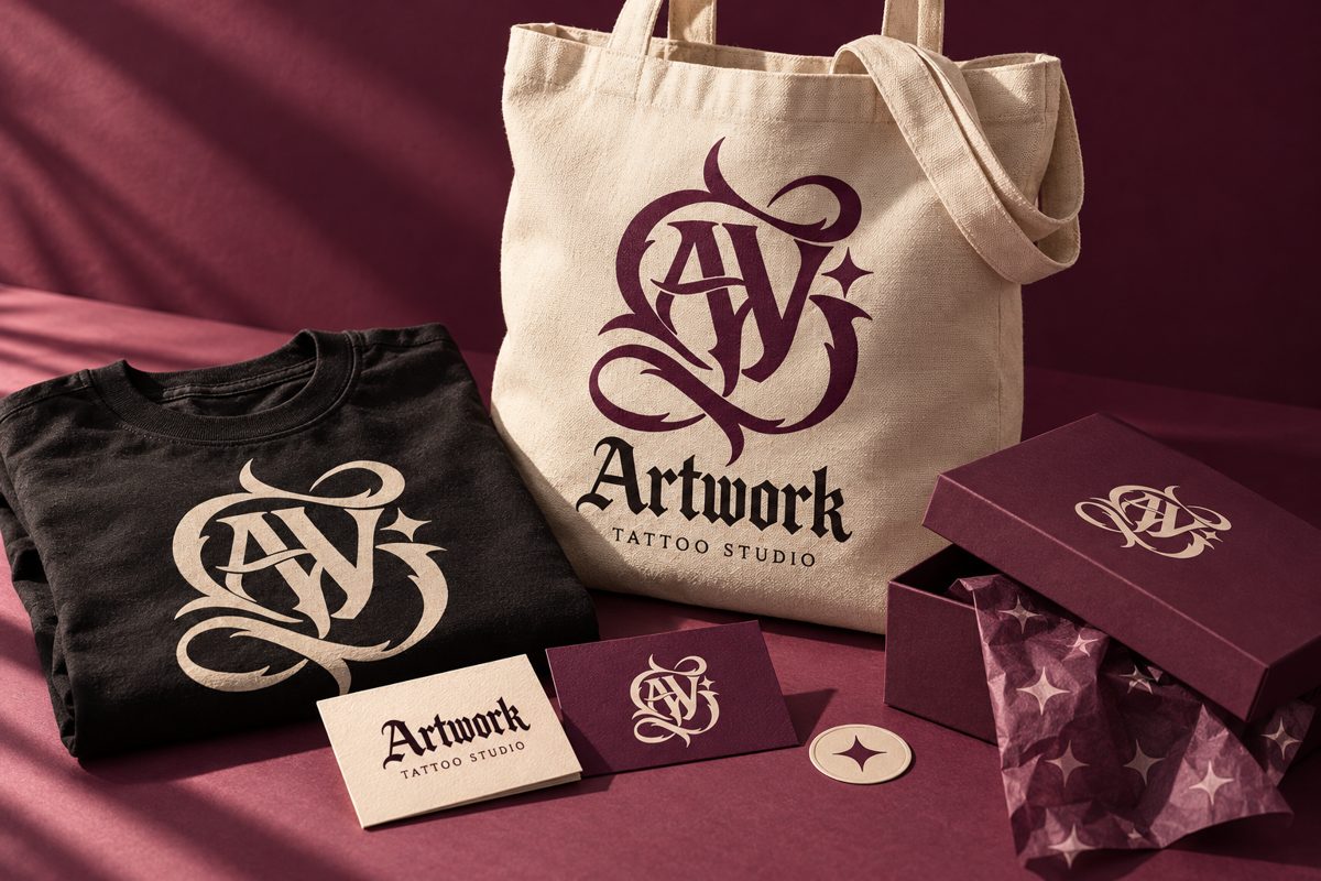 Merch Artwork Tattoo Studio: borsa, t-shirt, confezione e biglietti