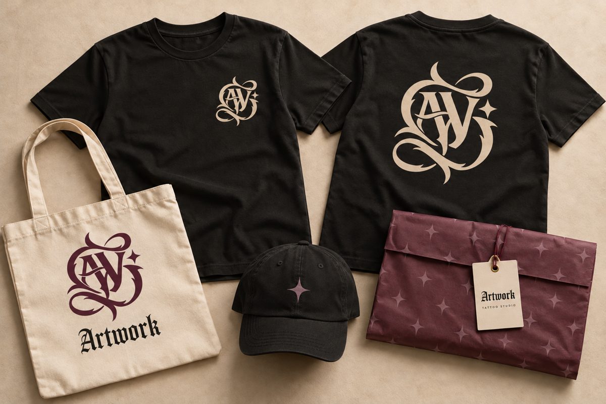 T-shirt nere, tote bag, cappellino e confezione Prugna con carta a stelle