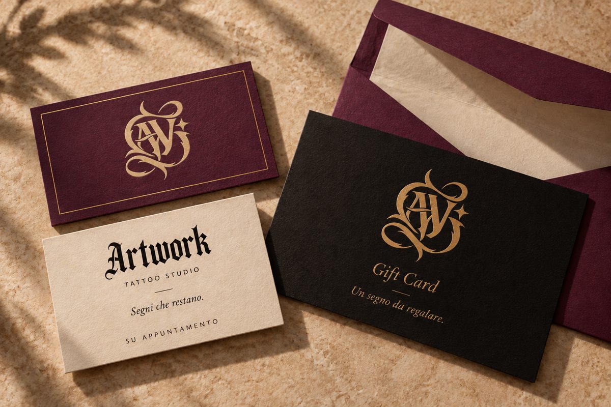 Biglietto da visita Artwork e gift card nera con monogramma in ottone, con busta Prugna